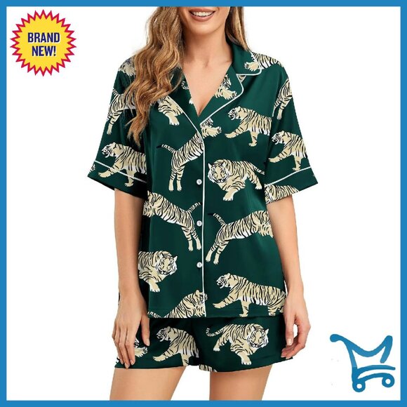 Silk Pajama Set Shorts Button Up Animal Print Satin Sleepwear
